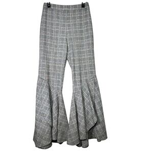 Topshop Grey Plaid High Waisted Ruffle Flare Leg Trousers Glen Check Size 10